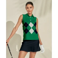 Women's Golf Polo Shirt Green Sleeveless Top Plaid Ladies Golf Attire Clothes Outfits Wear Apparel