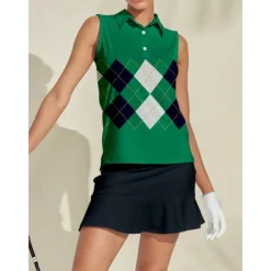 Women's Golf Polo Shirt Green Sleeveless Top Plaid Ladies Golf Attire Clothes Outfits Wear Apparel