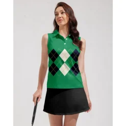 Women's Golf Polo Shirt Green Sleeveless Top Plaid Ladies Golf Attire Clothes Outfits Wear Apparel