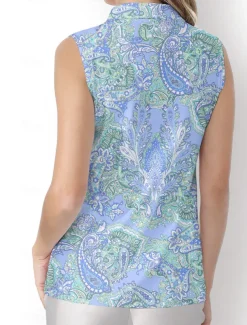 Women's Golf Polo Shirt Light Blue Sleeveless Sun Protection Top Paisley Ladies Golf Attire Clothes Outfits Wear Apparel