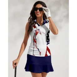 Women's Golf Polo Shirt Navy Blue Sleeveless Top Ladies Golf Attire Clothes Outfits Wear Apparel American Flag Golf Shirt