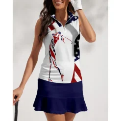Women's Golf Polo Shirt Navy Blue Sleeveless Top Ladies Golf Attire Clothes Outfits Wear Apparel American Flag Golf Shirt