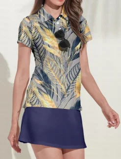 Women's Golf Polo Shirt Navy Blue Short Sleeve Sun Protection Top Leaf Ladies Golf Attire Clothes Outfits Wear Apparel