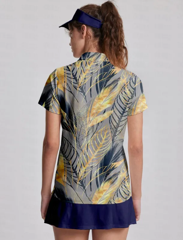 Women's Golf Polo Shirt Navy Blue Short Sleeve Sun Protection Top Leaf Ladies Golf Attire Clothes Outfits Wear Apparel