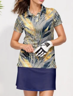 Women's Golf Polo Shirt Navy Blue Short Sleeve Sun Protection Top Leaf Ladies Golf Attire Clothes Outfits Wear Apparel