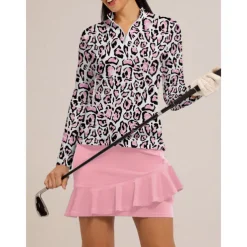 Women's Golf Polo Shirt Pink Blue Mint Green Long Sleeve Top Leopard Ladies Golf Attire Clothes Outfits Wear Apparel
