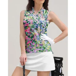 Women's Golf Polo Shirt Pink Sleeveless Top Floral Ladies Golf Attire Clothes Outfits Wear Apparel