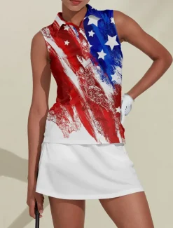 Women's Golf Polo Shirt Red Sleeveless Sun Protection Top Ladies Golf Attire Clothes Outfits Wear Apparel American Flag Golf Shirt