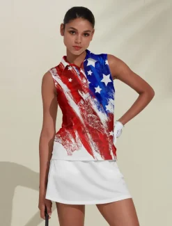 Women's Golf Polo Shirt Red Sleeveless Sun Protection Top Ladies Golf Attire Clothes Outfits Wear Apparel American Flag Golf Shirt