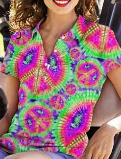 Women's Golf Polo Shirt Tie Dye Pink Short Sleeve Sun Protection UPF50 Top for Ladies Golf Attire