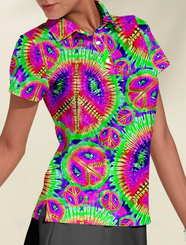 Women's Golf Polo Shirt Tie Dye Pink Short Sleeve Sun Protection UPF50 Top for Ladies Golf Attire