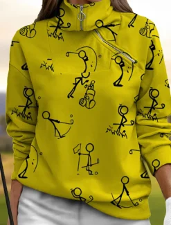 Women's Golf Pullover Sweatshirt Black White Yellow Long Sleeve Top Fall Winter Ladies Golf Attire Clothes Outfits Wear Apparel