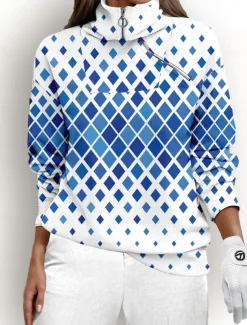 Women's Golf Pullover Sweatshirt Blue Grey Long Sleeve Thermal Warm Top Ladies Golf Attire Clothes Outfits Wear Apparel