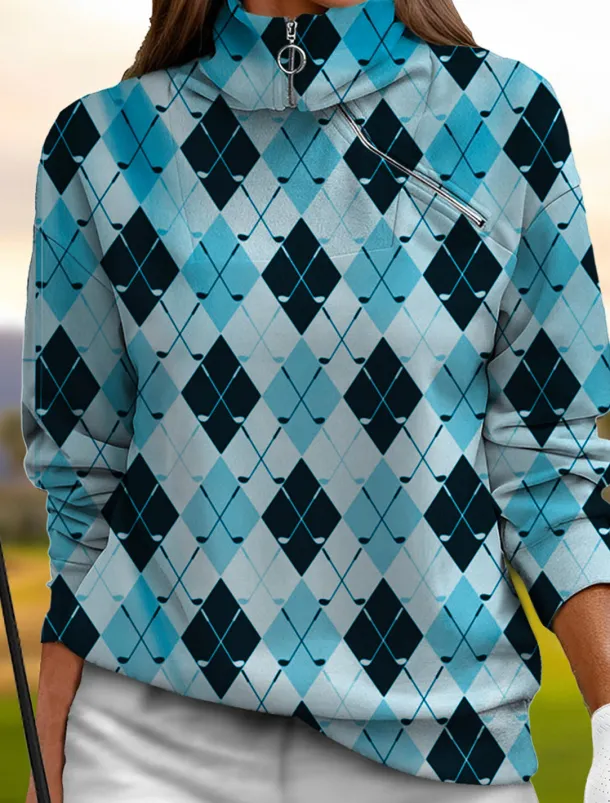 Women's Golf Pullover Sweatshirt White Rose Red Light Blue Long Sleeve Top Plaid Fall Winter Ladies Golf Attire Clothes Outfits Wear Apparel