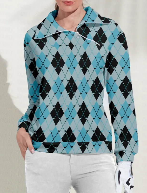 Women's Golf Pullover Sweatshirt White Rose Red Light Blue Long Sleeve Top Plaid Fall Winter Ladies Golf Attire Clothes Outfits Wear Apparel