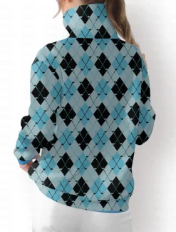 Women's Golf Pullover Sweatshirt White Rose Red Light Blue Long Sleeve Top Plaid Fall Winter Ladies Golf Attire Clothes Outfits Wear Apparel