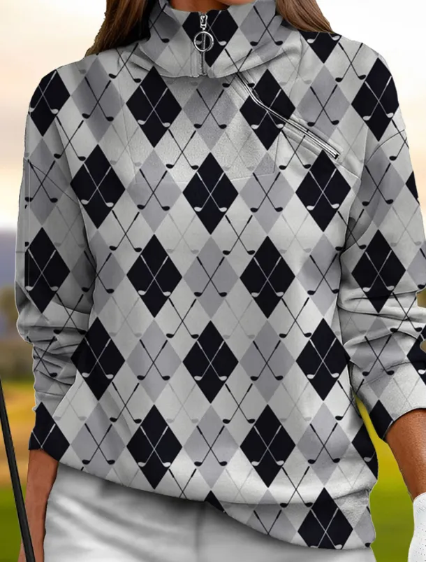 Women's Golf Pullover Sweatshirt White Rose Red Light Blue Long Sleeve Top Plaid Fall Winter Ladies Golf Attire Clothes Outfits Wear Apparel