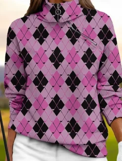 Women's Golf Pullover Sweatshirt White Rose Red Light Blue Long Sleeve Top Plaid Fall Winter Ladies Golf Attire Clothes Outfits Wear Apparel