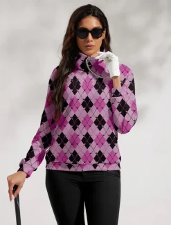 Women's Golf Pullover Sweatshirt White Rose Red Light Blue Long Sleeve Top Plaid Fall Winter Ladies Golf Attire Clothes Outfits Wear Apparel
