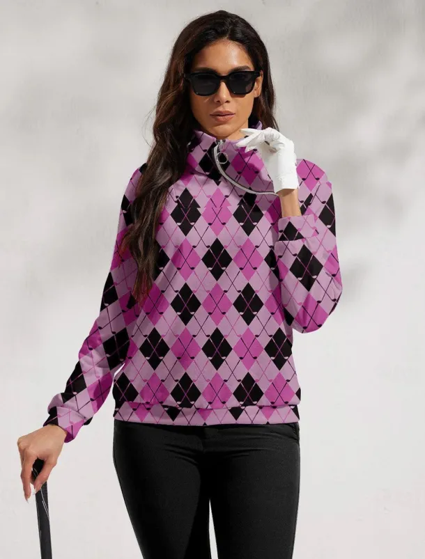 Women's Golf Pullover Sweatshirt White Rose Red Light Blue Long Sleeve Top Plaid Fall Winter Ladies Golf Attire Clothes Outfits Wear Apparel