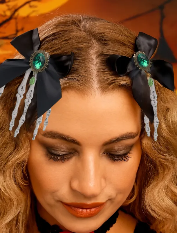Women's Gothic - Style Black Bow Hair Clip with Skeleton Hand Detail, Perfect for Halloween Party Wear