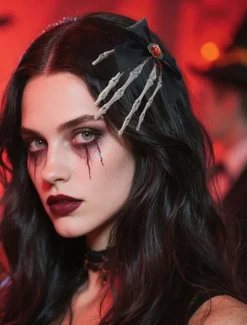 Women's Gothic - Style Black Bow Hair Clip with Skeleton Hand Detail, Perfect for Halloween Party Wear