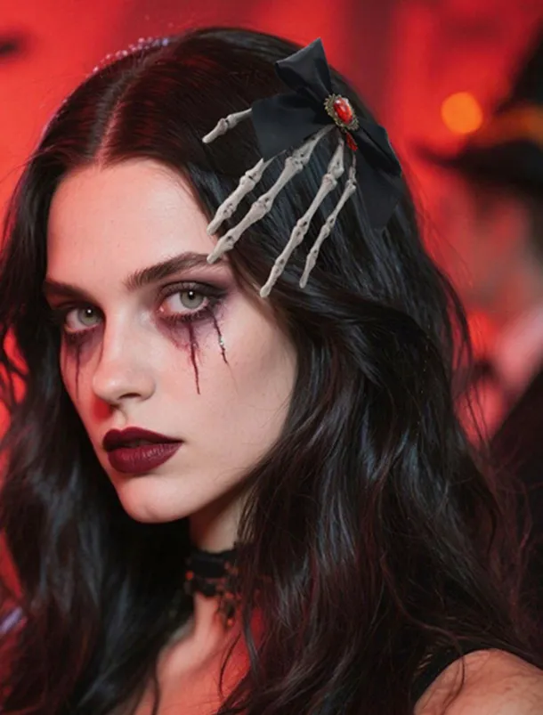 Women's Gothic - Style Black Bow Hair Clip with Skeleton Hand Detail, Perfect for Halloween Party Wear