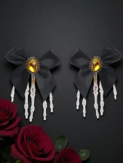 Women's Gothic - Style Black Bow Hair Clip with Skeleton Hand Detail, Perfect for Halloween Party Wear