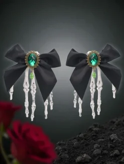 Women's Gothic - Style Black Bow Hair Clip with Skeleton Hand Detail, Perfect for Halloween Party Wear