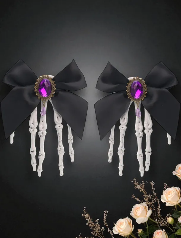 Women's Gothic - Style Black Bow Hair Clip with Skeleton Hand Detail, Perfect for Halloween Party Wear