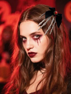 Women's Gothic - Style Black Bow Hair Clip with Skeleton Hand Detail, Perfect for Halloween Party Wear