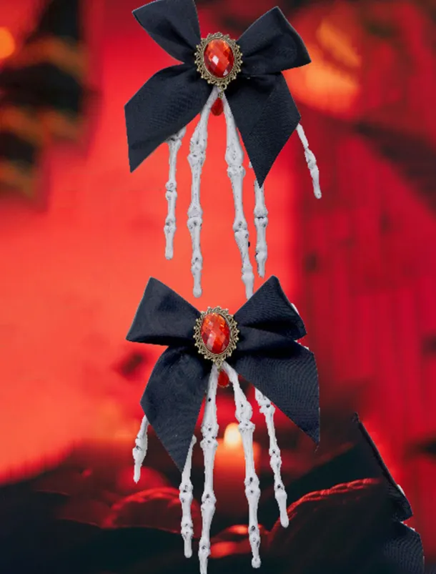Women's Gothic - Style Black Bow Hair Clip with Skeleton Hand Detail, Perfect for Halloween Party Wear