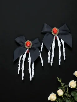 Women's Gothic - Style Black Bow Hair Clip with Skeleton Hand Detail, Perfect for Halloween Party Wear