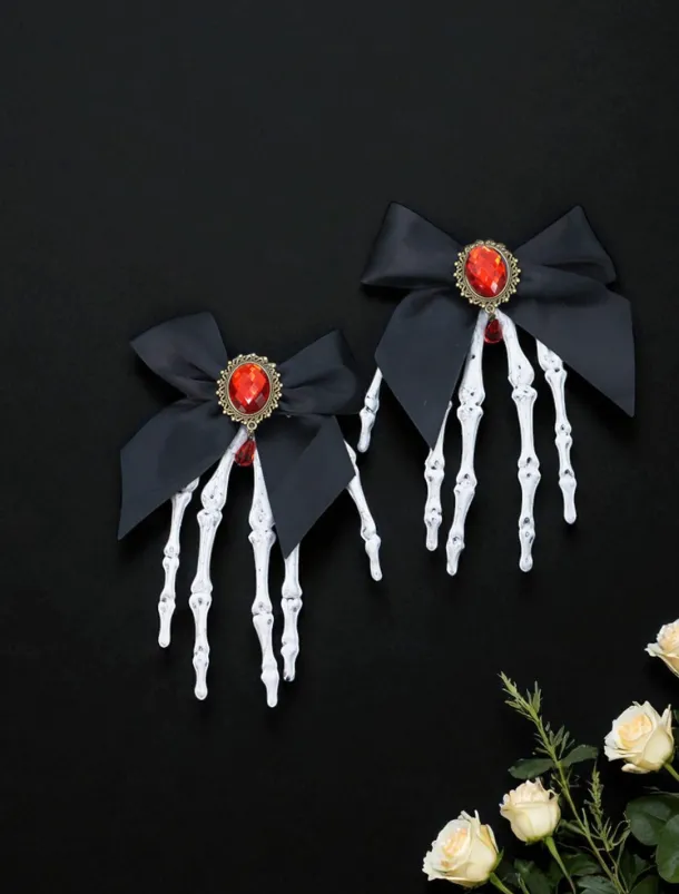 Women's Gothic - Style Black Bow Hair Clip with Skeleton Hand Detail, Perfect for Halloween Party Wear