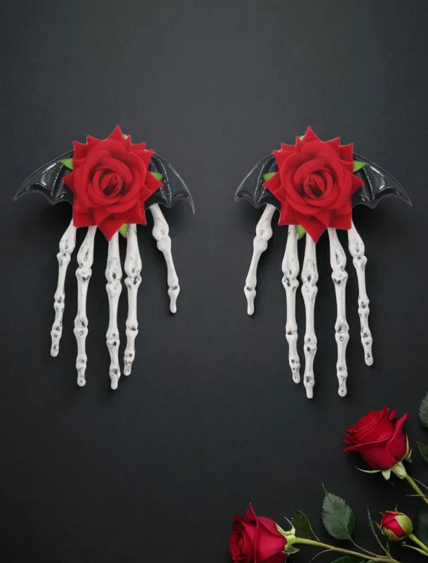 Women's Gothic - Style Black Bow Hair Clip with Skeleton Hand Detail, Perfect for Halloween Party Wear