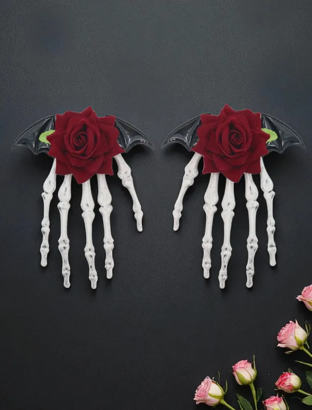 Women's Gothic - Style Black Bow Hair Clip with Skeleton Hand Detail, Perfect for Halloween Party Wear