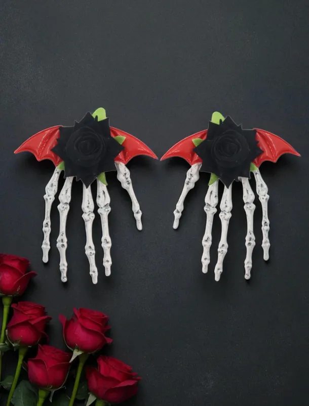 Women's Gothic - Style Black Bow Hair Clip with Skeleton Hand Detail, Perfect for Halloween Party Wear