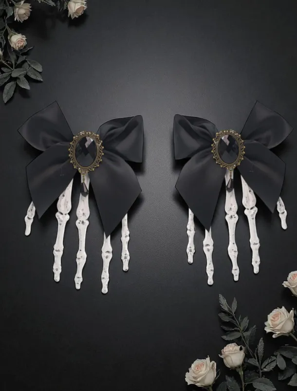 Women's Gothic - Style Black Bow Hair Clip with Skeleton Hand Detail, Perfect for Halloween Party Wear