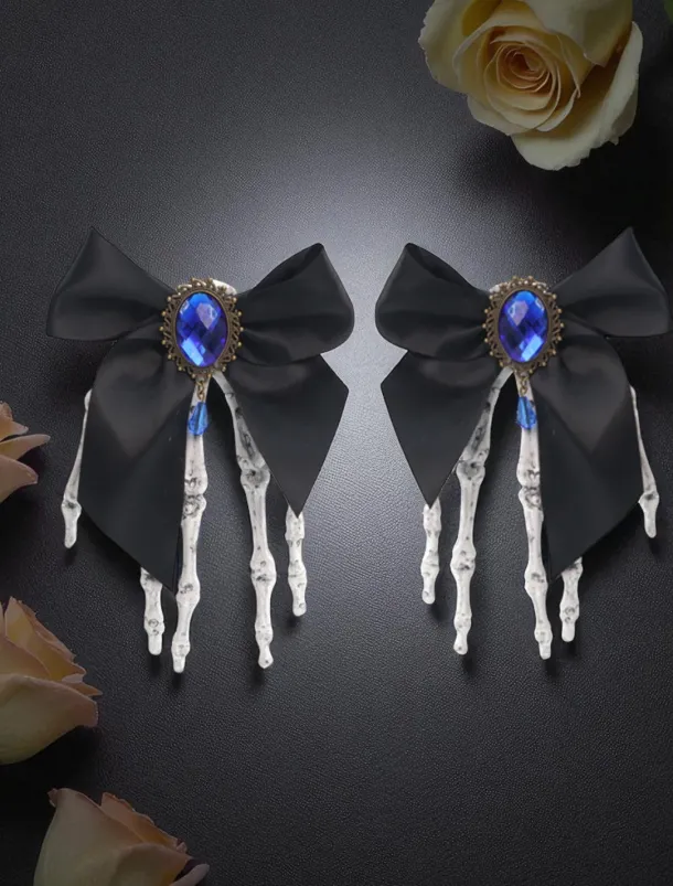 Women's Gothic - Style Black Bow Hair Clip with Skeleton Hand Detail, Perfect for Halloween Party Wear