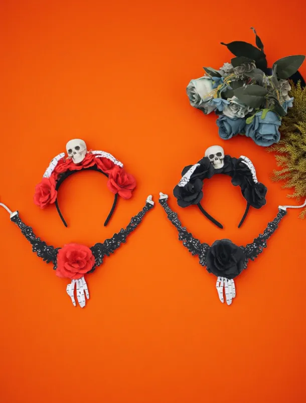 Women's Gothic - Style Floral Crown with Skull and Skeleton Hand, Ideal for Halloween Party Looks