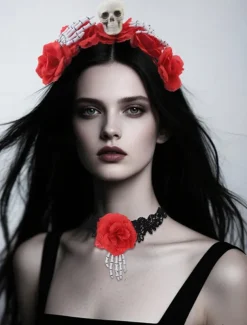 Women's Gothic - Style Floral Crown with Skull and Skeleton Hand, Ideal for Halloween Party Looks