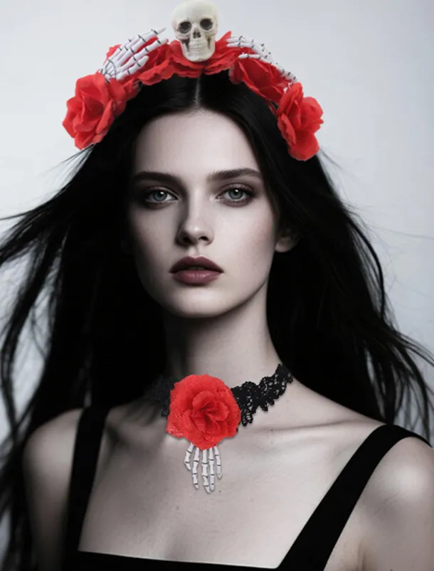 Women's Gothic - Style Floral Crown with Skull and Skeleton Hand, Ideal for Halloween Party Looks