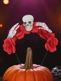 Women's Gothic - Style Floral Crown with Skull and Skeleton Hand, Ideal for Halloween Party Looks