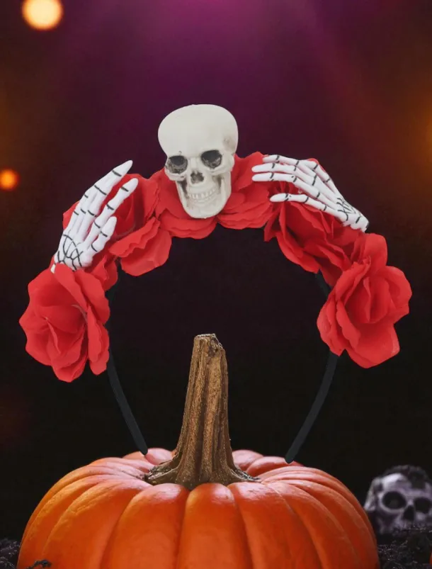 Women's Gothic - Style Floral Crown with Skull and Skeleton Hand, Ideal for Halloween Party Looks