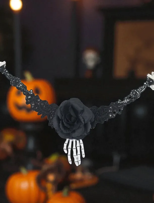 Women's Gothic - Style Floral Crown with Skull and Skeleton Hand, Ideal for Halloween Party Looks