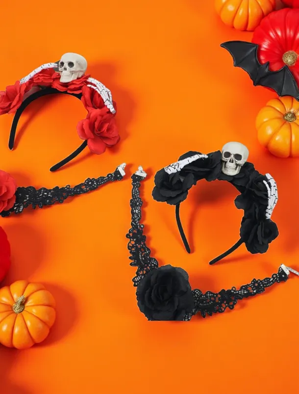 Women's Gothic - Style Floral Crown with Skull and Skeleton Hand, Ideal for Halloween Party Looks