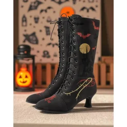 Women's Gothic Halloween Embroidered Lace-Up Boots - Vintage 1900s Style Black Witch Costume Mid-Calf Heels for Cosplay, Parties, and Themed Events