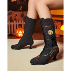 Women's Gothic Halloween Embroidered Lace-Up Boots - Vintage 1900s Style Black Witch Costume Mid-Calf Heels for Cosplay, Parties, and Themed Events
