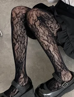 Women's Gothic Lace Patterned Tights - Sheer Fishnet Pantyhose for Cosplay, Party, and Casual Outfits