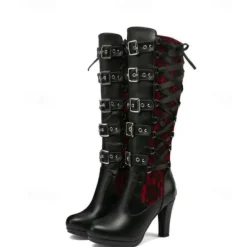 Women's Gothic Lace-Up High Heel Knee-High Boots with Multiple Buckle Straps - Steampunk Style Black Leather Boots with Red Lace Detailing, Perfect for Cosplay and Halloween